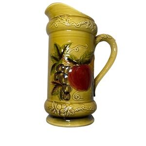 Geo Z Lefton 4334 Vintage Fruit Pitcher Mustard Yellow Apple Grapes 8.5"